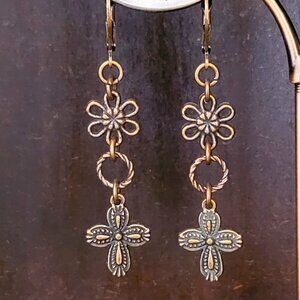 CROSS Daisy Flower Copper Brass Lever Back Earrings Southwestern Westernwear